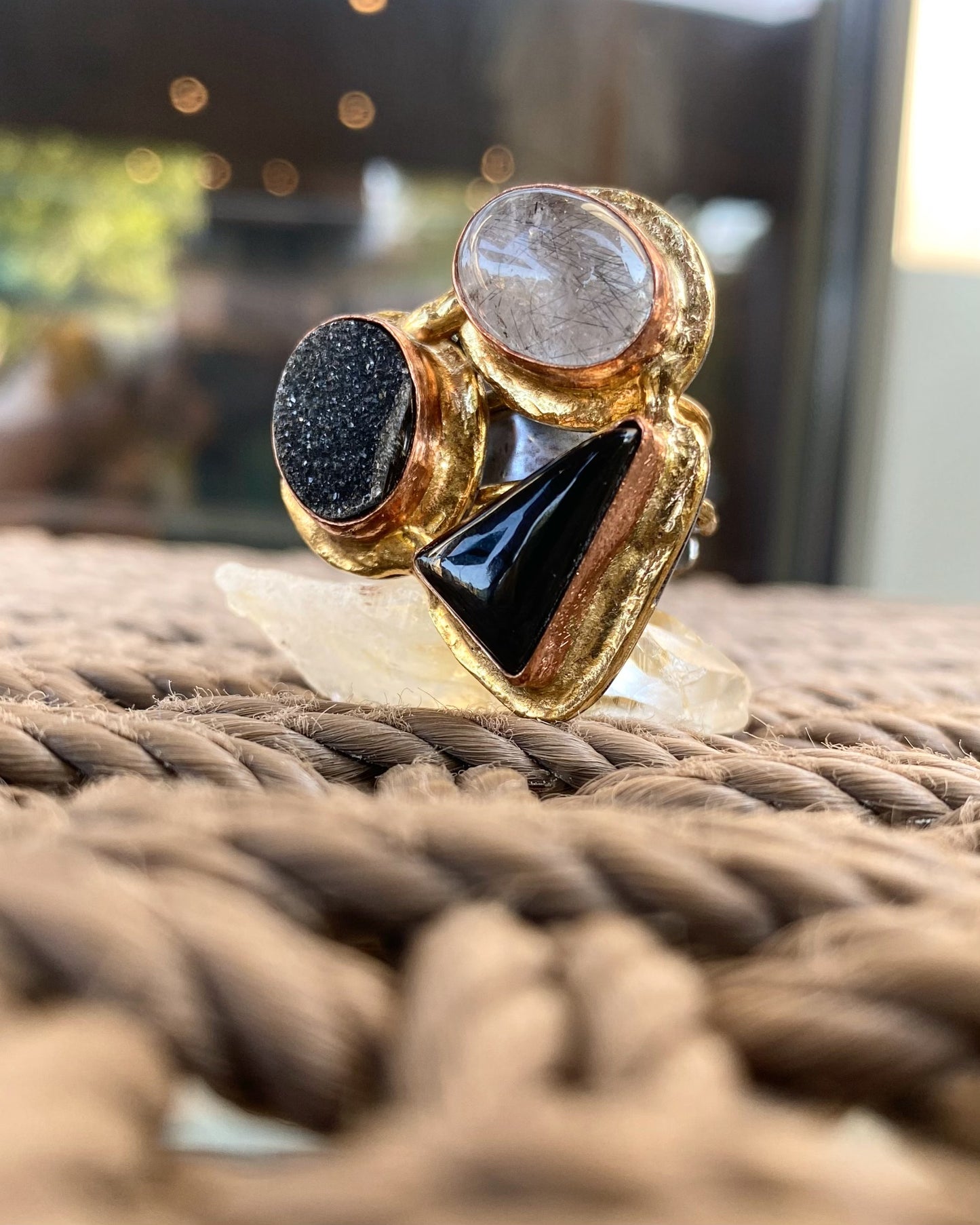 BRASS+COPPER+GRAY DRUZY+ONYX+TOURMALINATED QUARTZ RING