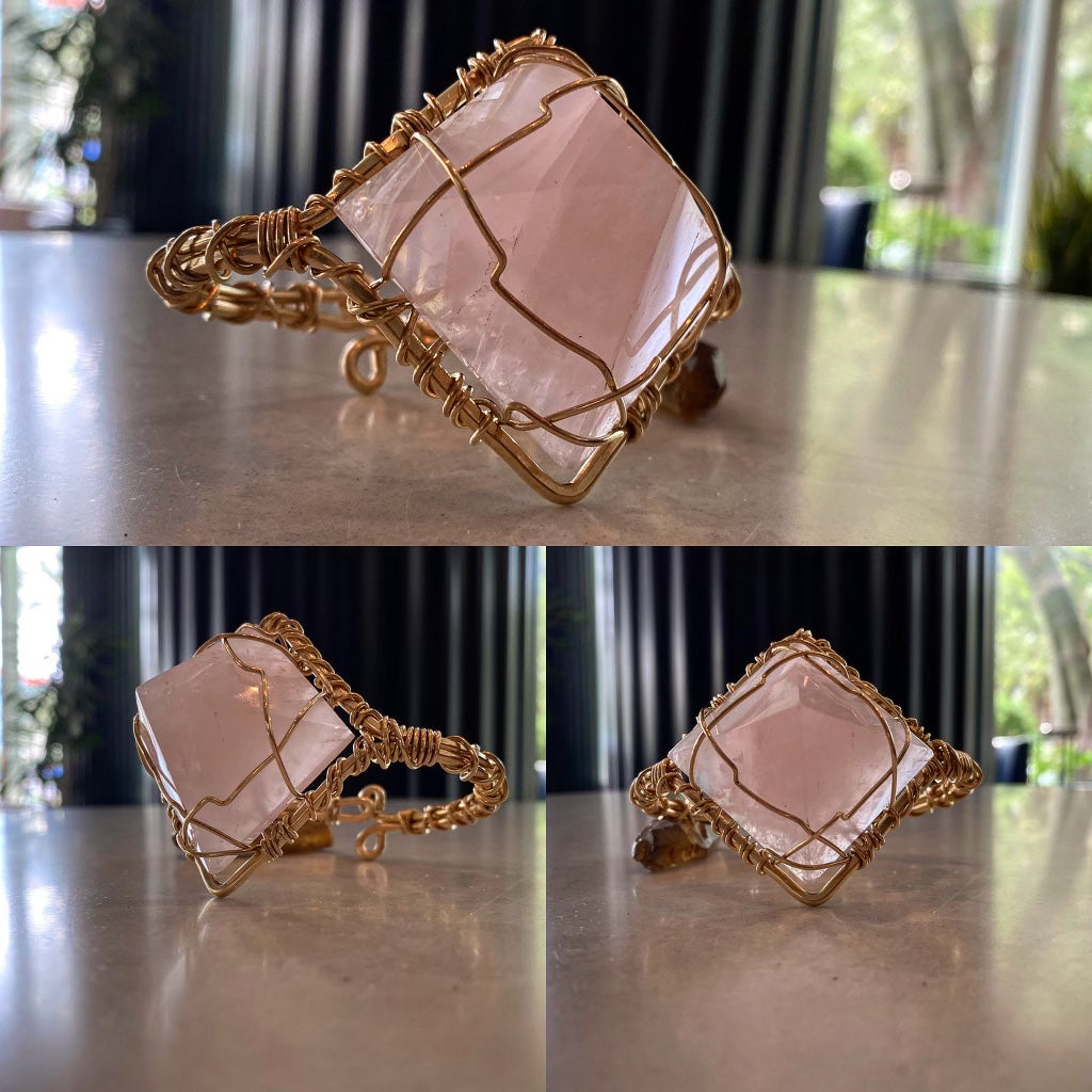 BRONZE+ROSE QUARTZ PYRAMID CUFF BRACELET