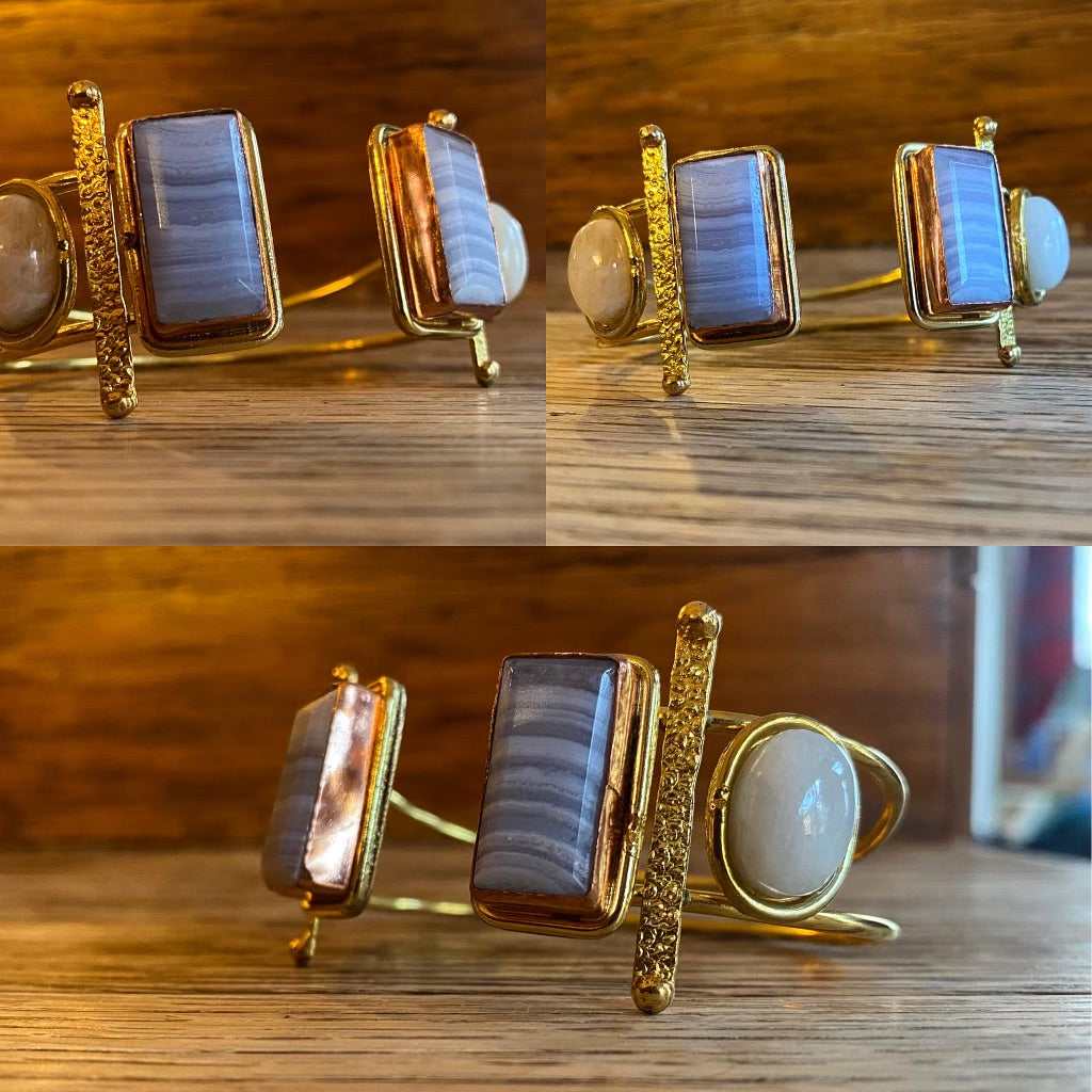 BRASS+COPPER+BLUE LACED AGATE+MOONSTONE BRACELET