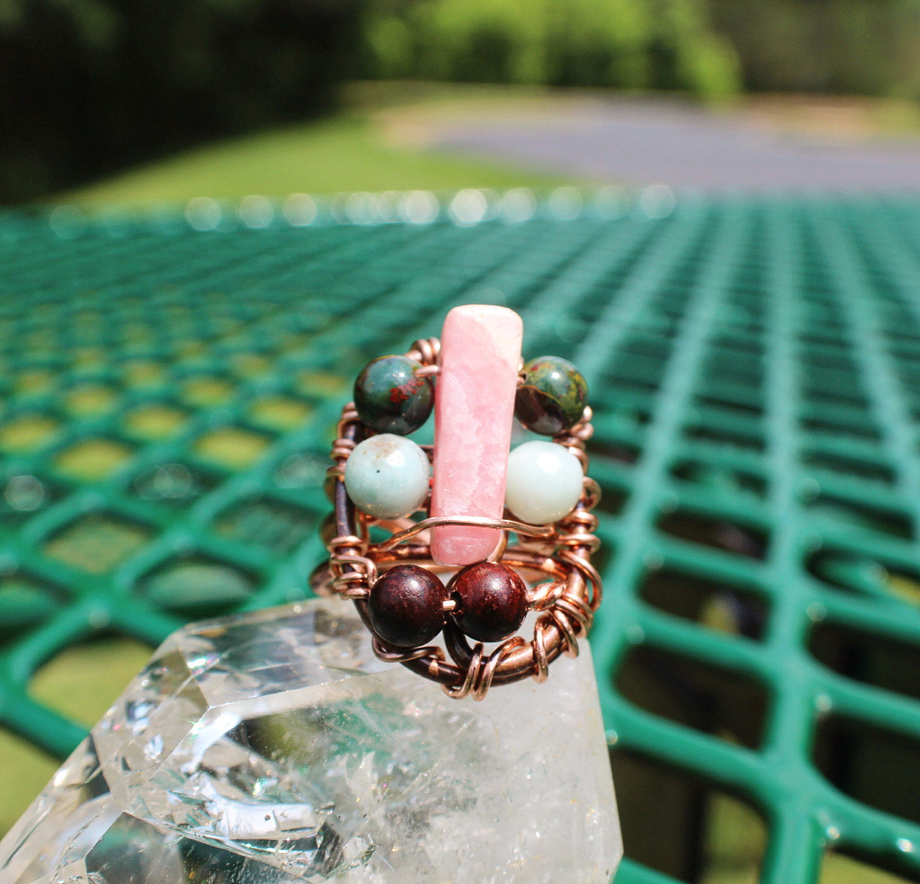 COPPER+RHODOCHROSITE+BLOODSTONE+AQUAMARINE+WOOD PARTY RING