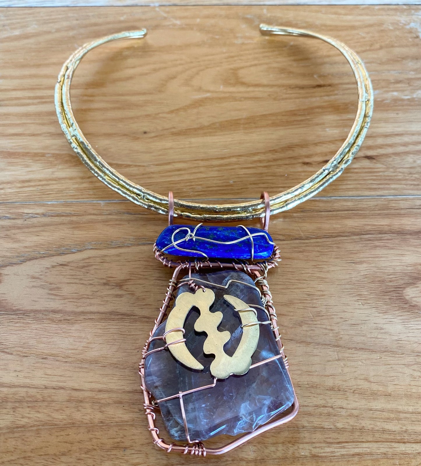 BRASS+COPPER+SUPER 7 AMETHYST+LAPIS LAZULI GYE NYAME NECKLACE