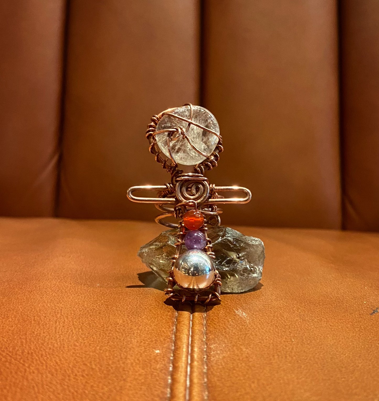 COPPER+CLEAR QUARTZ+CARNELIAN+AMETHYST+ SILVER ANKH RING