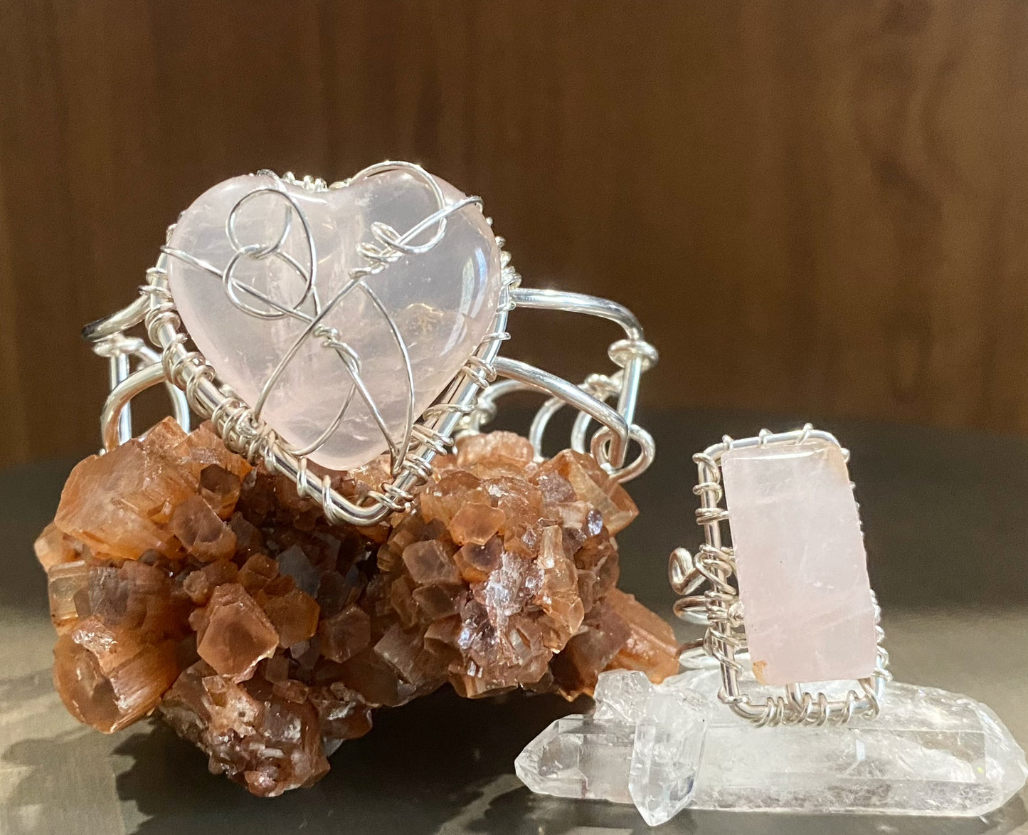 SILVER+ROSE QUARTZ RING AND BRACELET SET