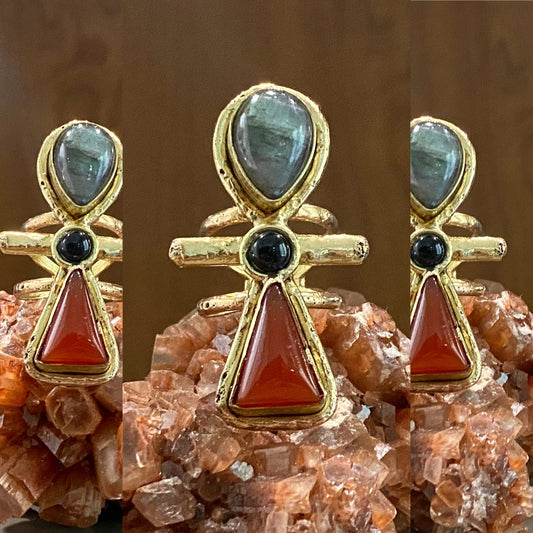 BRASS+CARNELIAN+LABRADORITE+ ONYX ANKH RING