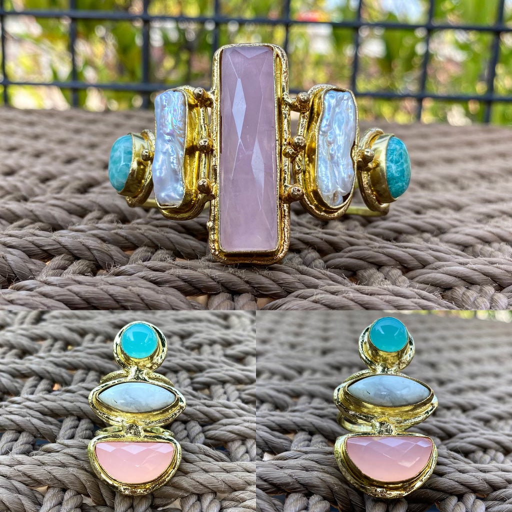 BRASS+COPPER+ROSE QUARTZ +AMAZONITE+PEARL CUFF BRACELET