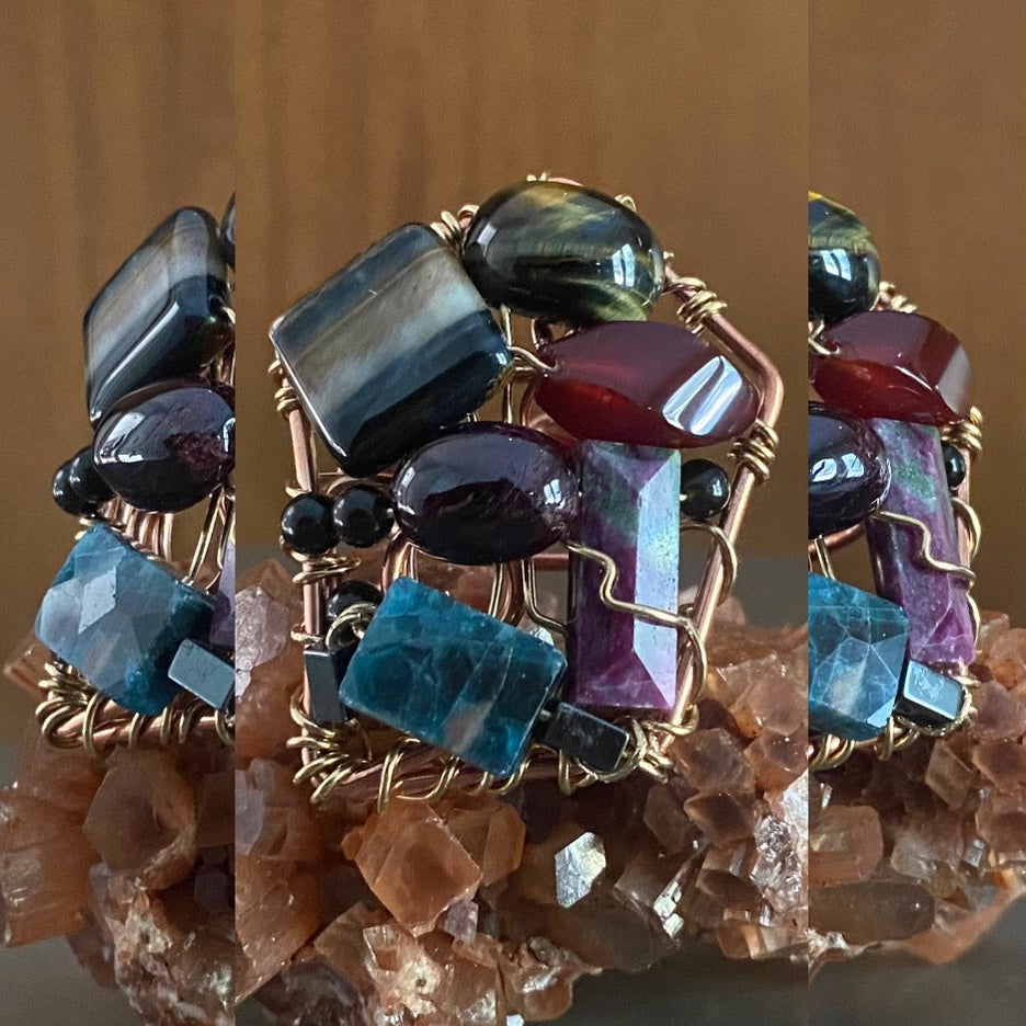 COPPER+BRONZE+ TIGERS EYE+APATITE +CARNELIAN+ HEMATITE+ZOISITE PARTY RING