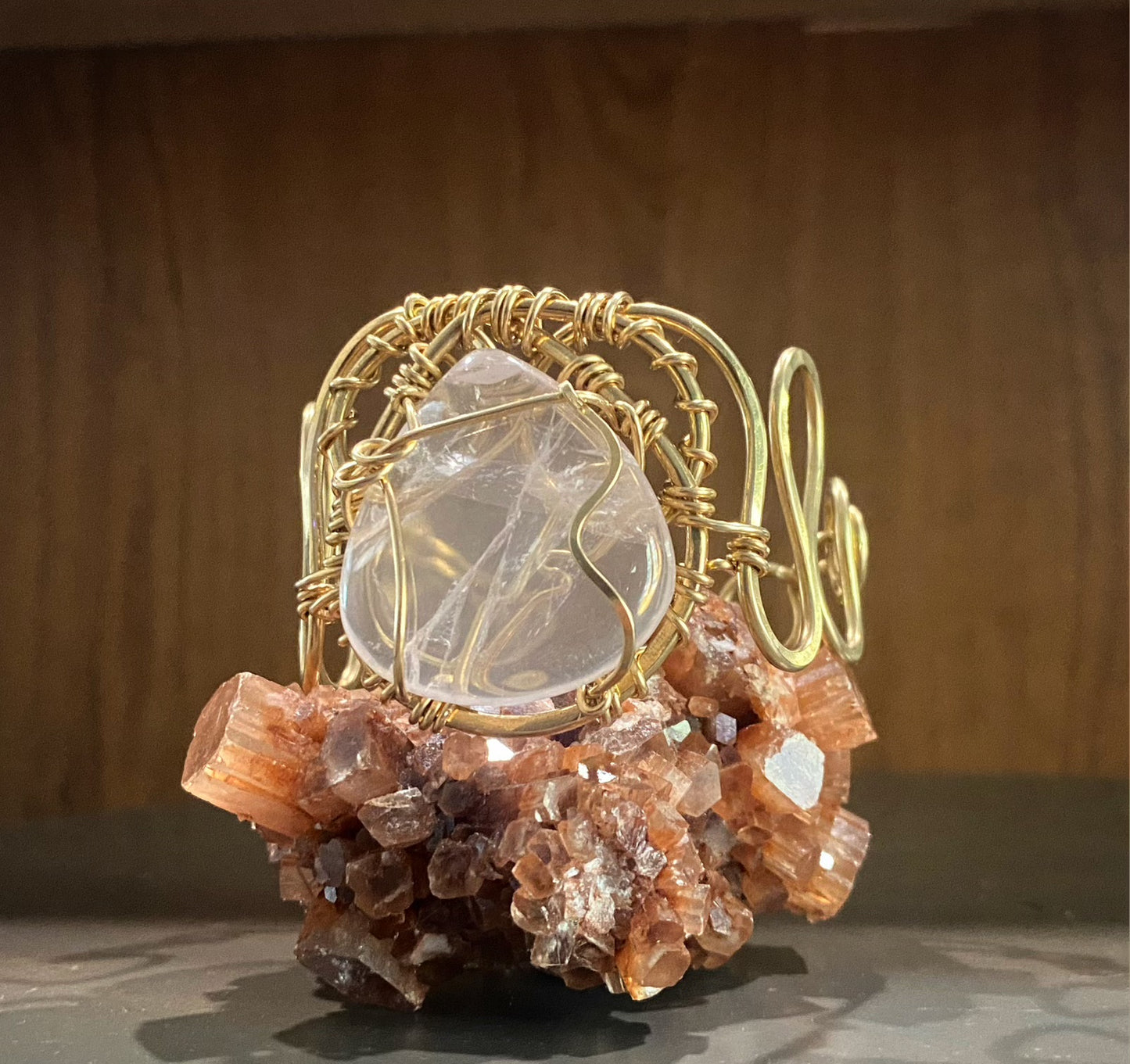 BRONZE+ROSE QUARTZ WAVE CUFF BRACELET
