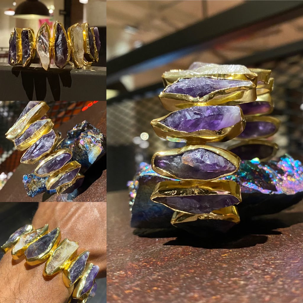 MULTI-STONE BRASS+AMETHYST+QUARTZ BRACELET