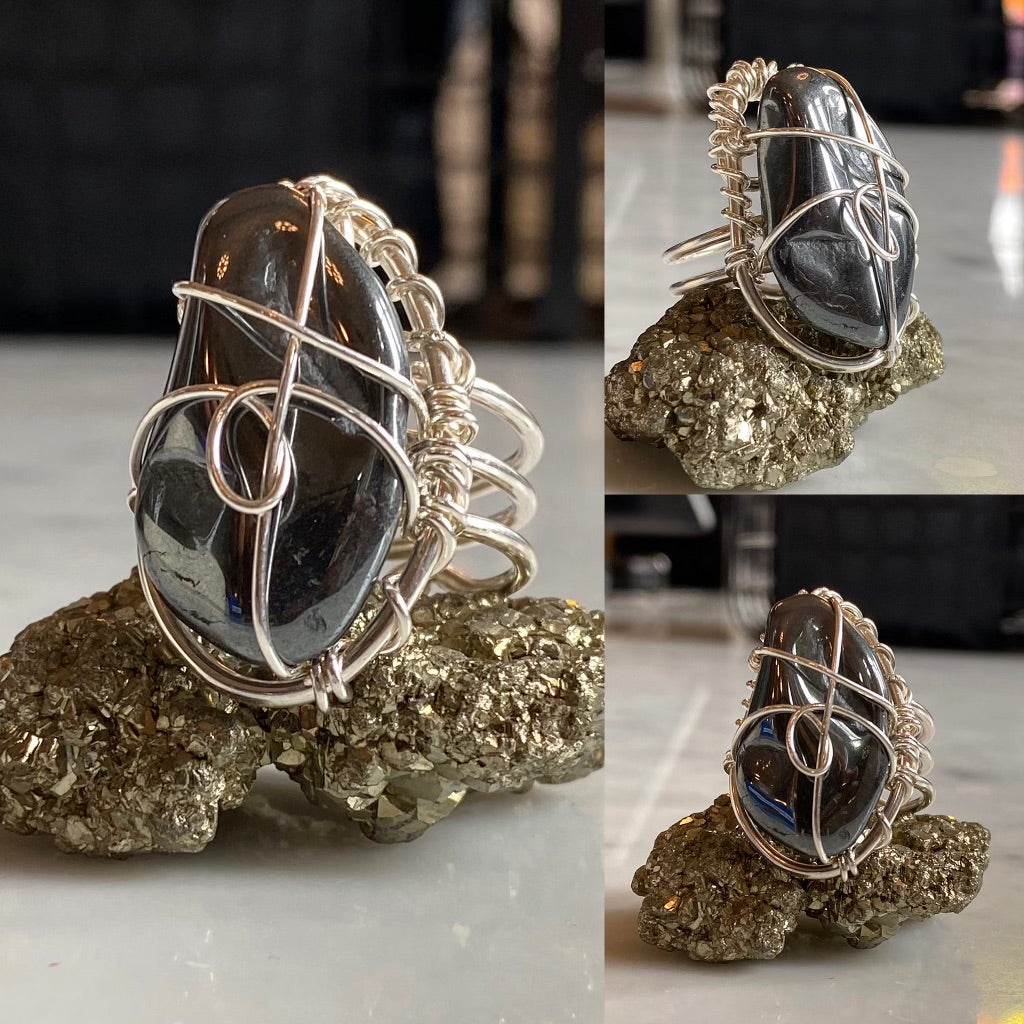 SILVER+HEMATITE RING