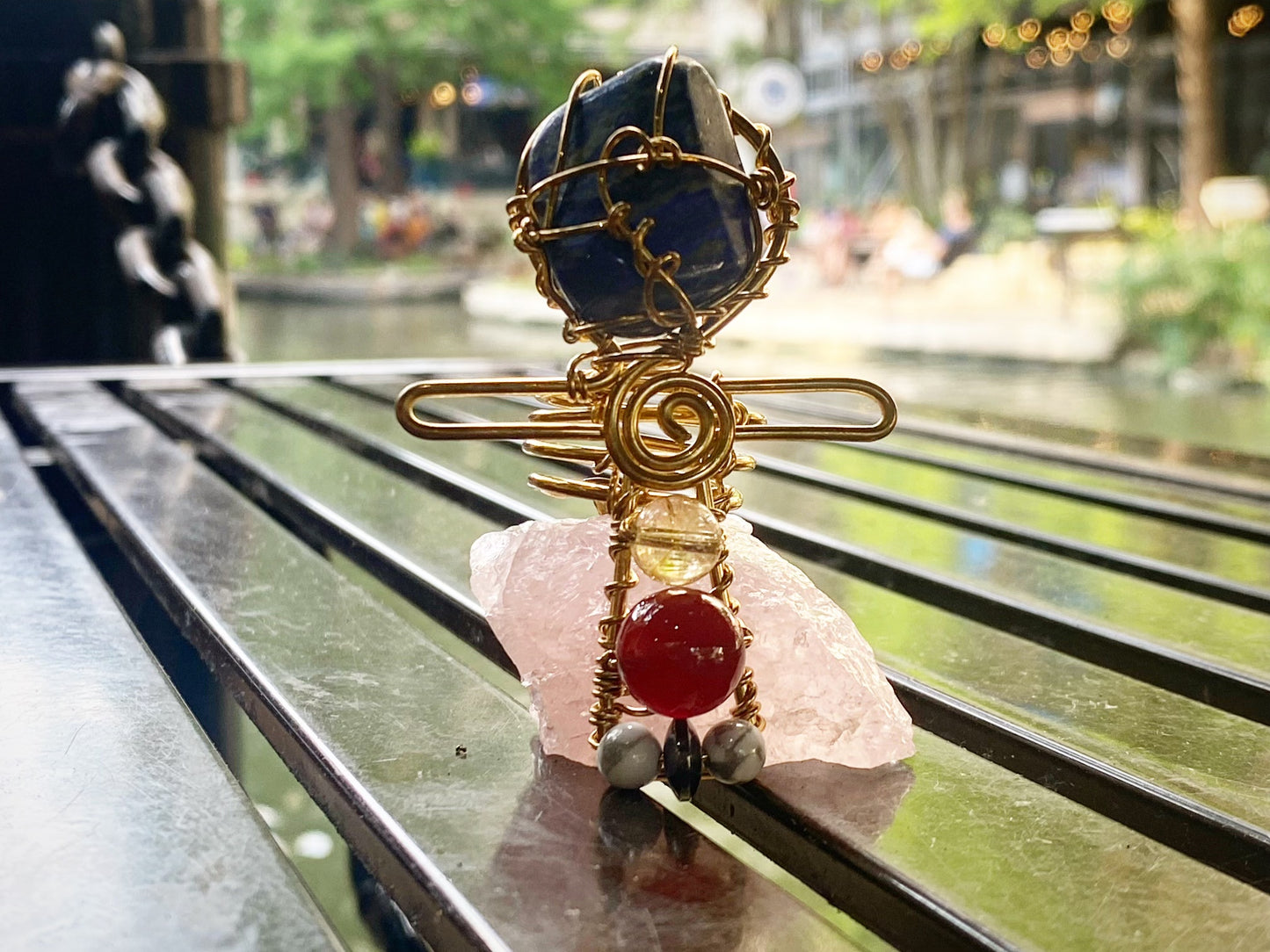 BRONZE+LAPIS LAZULI+CITRINE +CARNELIAN+HEMATITE+HOWLITE ANKH RING