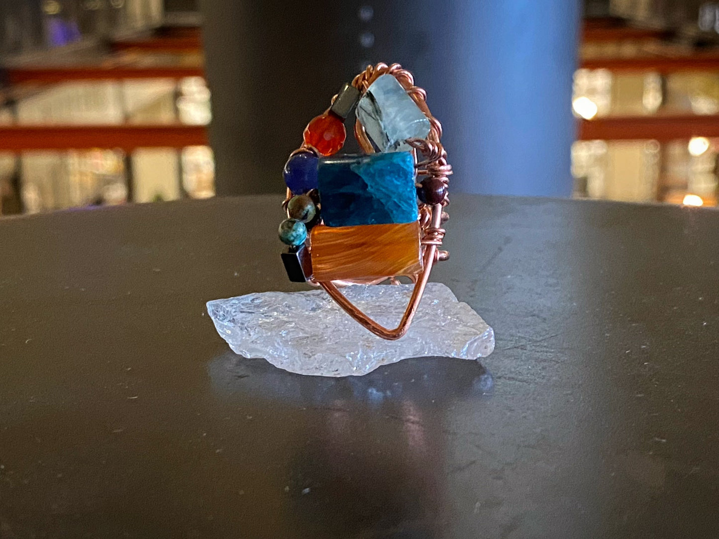 COPPER+APATITE+AGATE +TURQUOISE+PREHNITE +HEMATITE +RED JASPER+DUMORTIERITE PARTY RING
