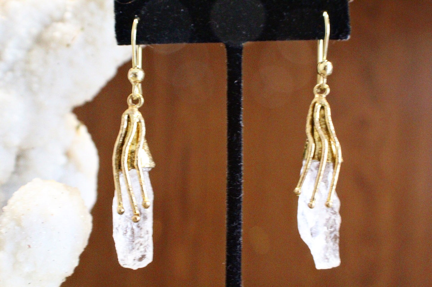 BRASS+CLEAR QUARTZ EARRINGS