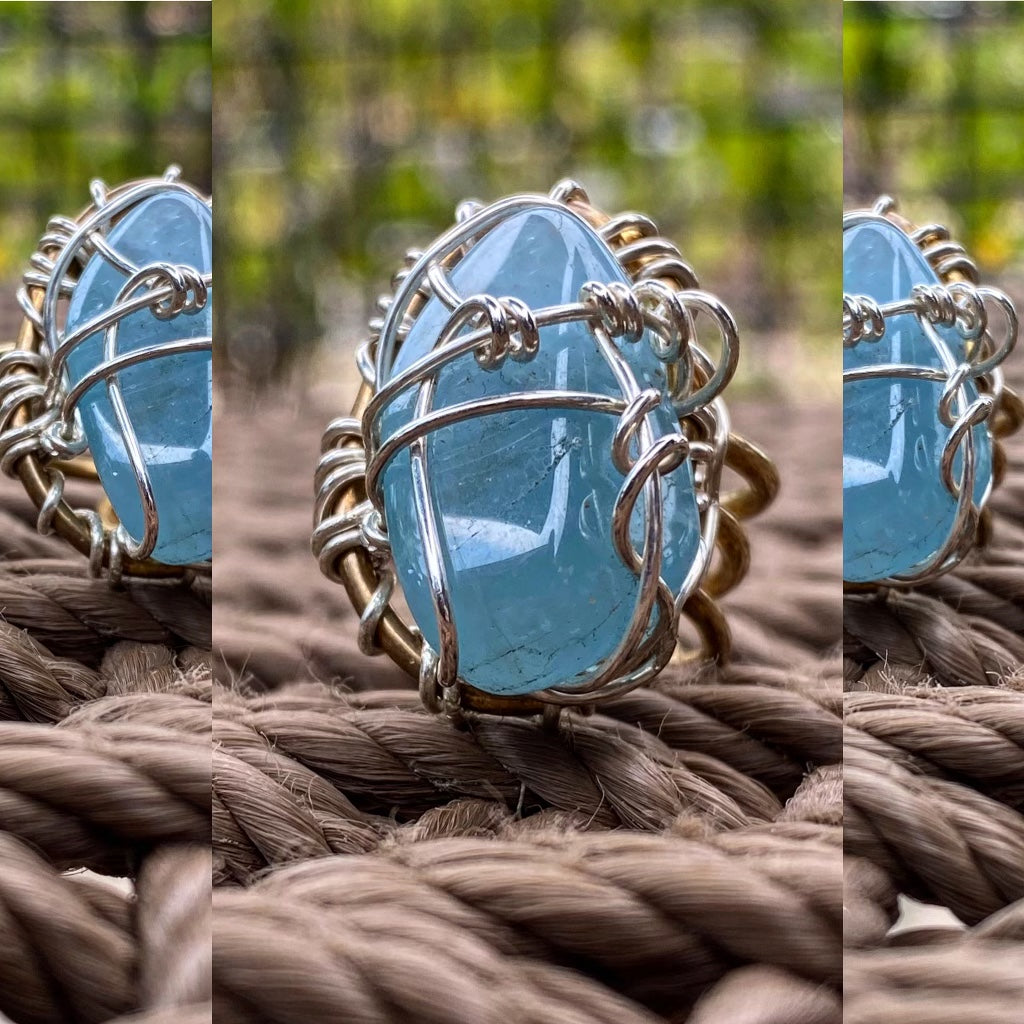 BRONZE+SILVER+ AQUAMARINE RING