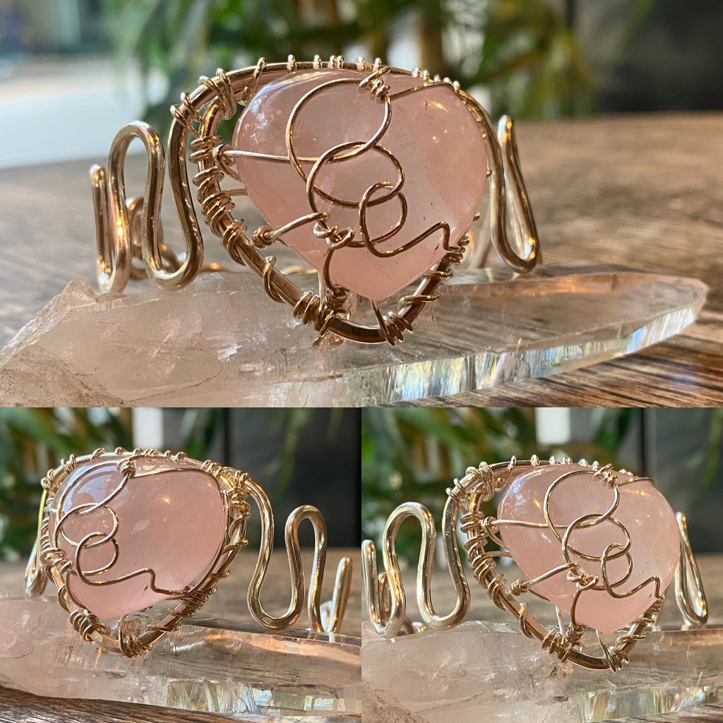 SILVER+ROSE QUARTZ WAVE CUFF BRACELET