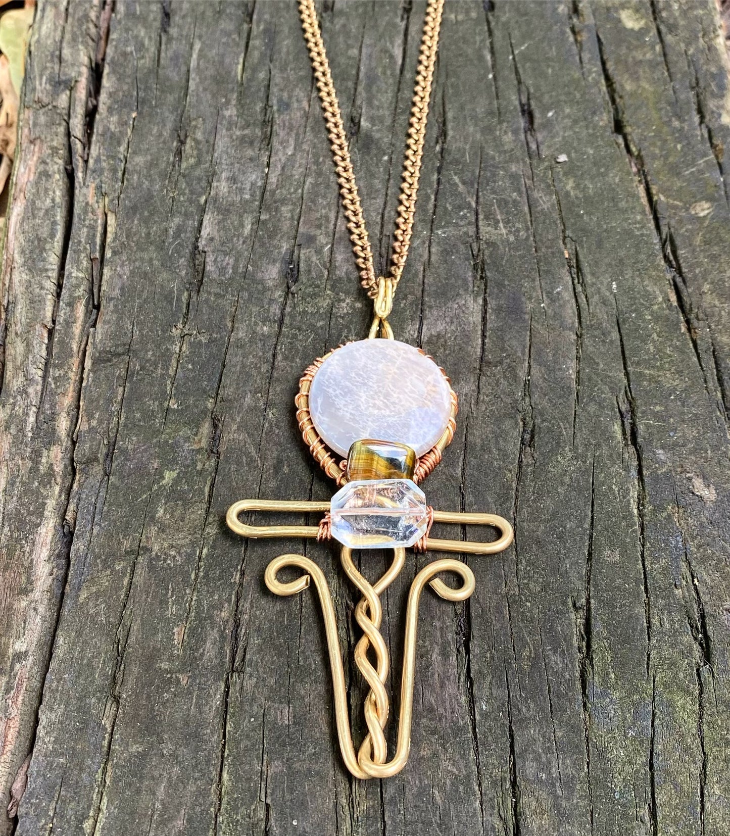 BRONZE+COPPER+MOONSTONE+ TIGERS EYE+CLEAR QUARTZ ANKH NECKLACE
