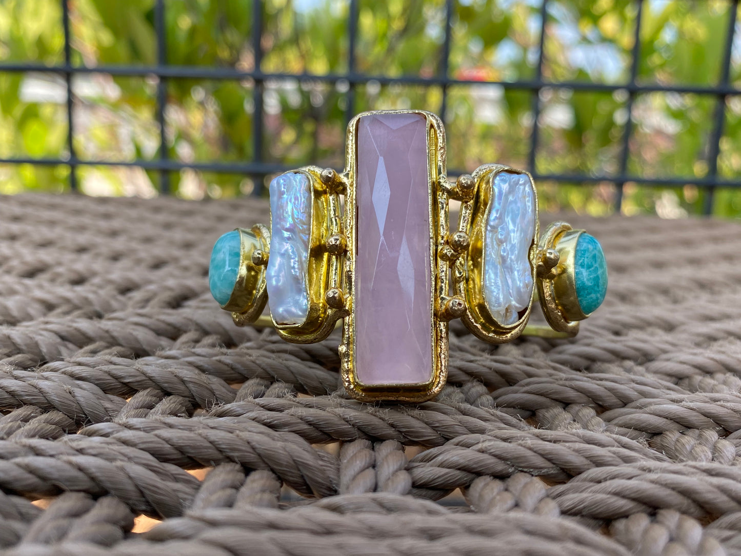 BRASS+COPPER+ROSE QUARTZ +AMAZONITE+PEARL CUFF BRACELET