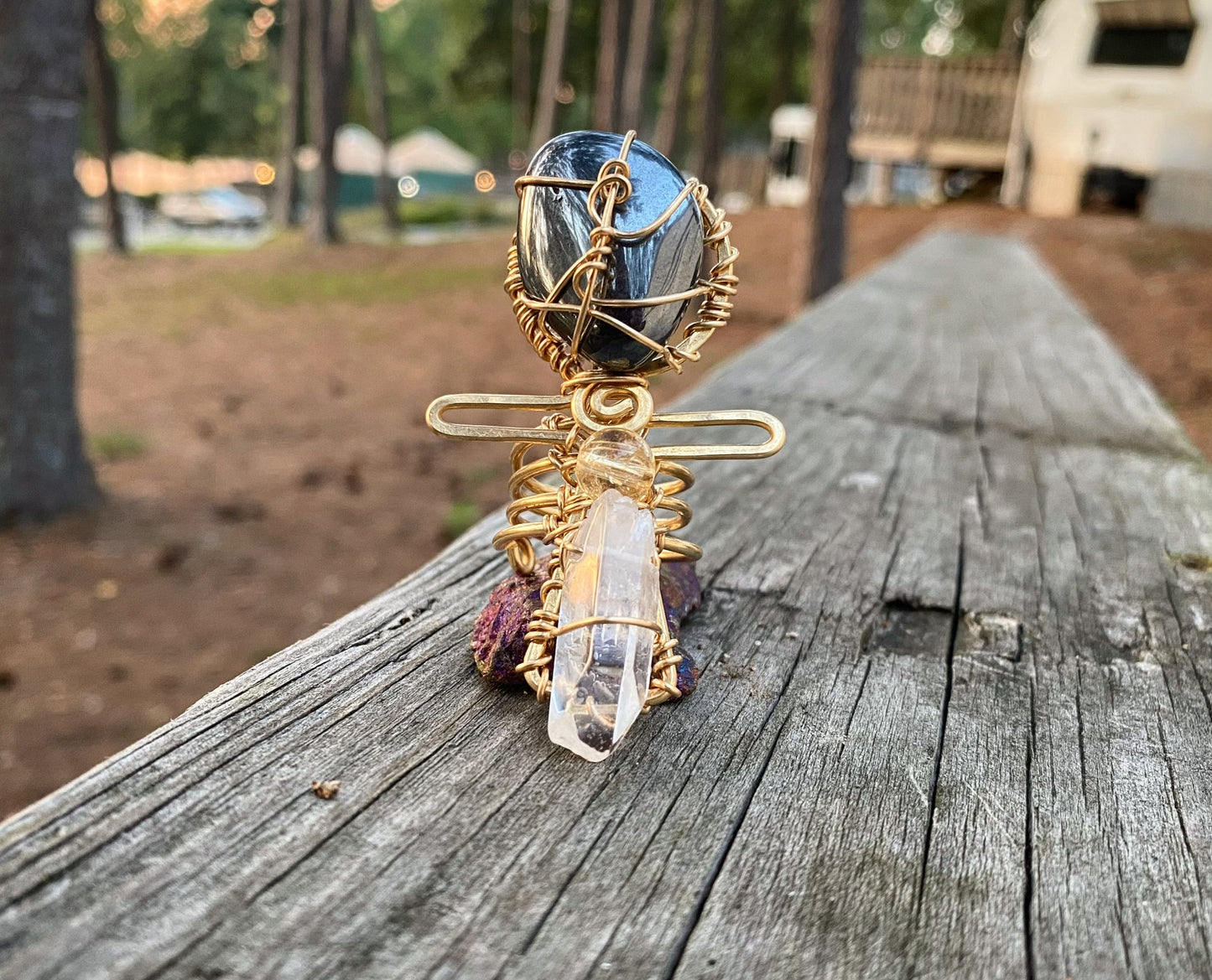 BRONZE+HEMATITE+CITRINE+ CLEAR QUARTZ ANKH RING