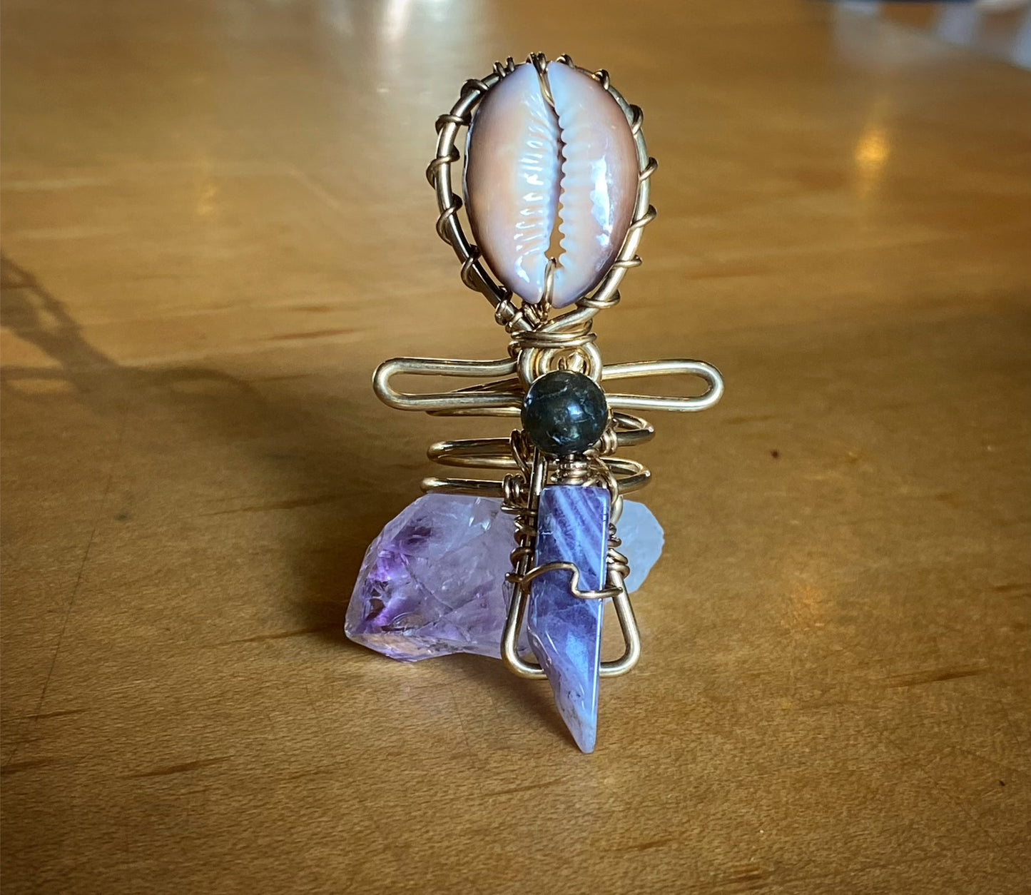 BRONZE+COWRIE+AMETHYST+ LABRADORITE ANKH RING