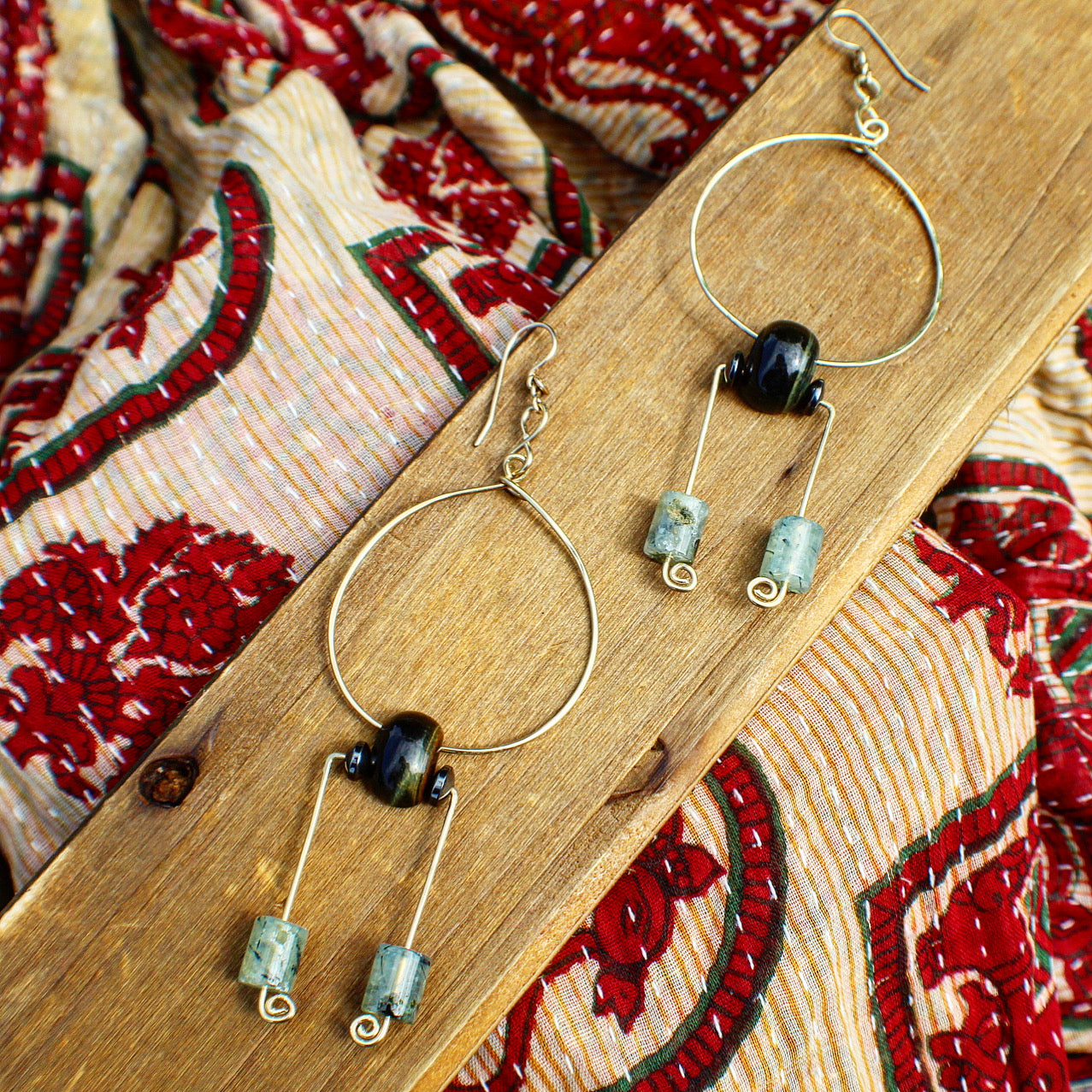 BRONZE+PREHNITE+BLUE TIGERS EYE+HEMATITE EARRINGS
