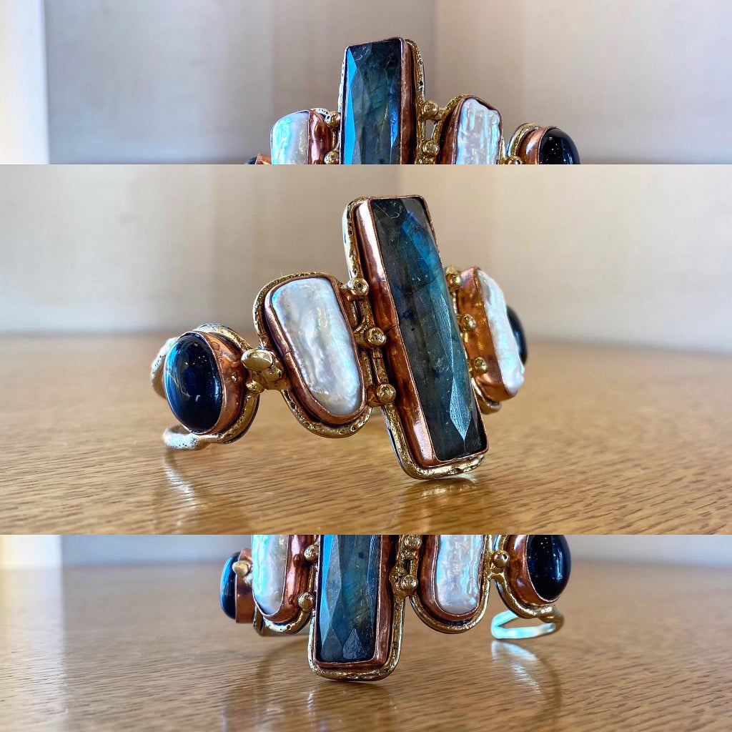 BRASS+COPPER+LABRADORITE +PEARL+ONYX CUFF BRACELET