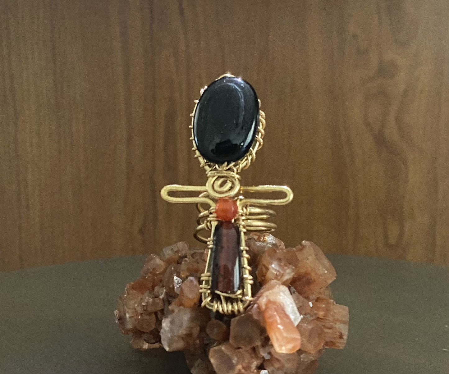 BRONZE+ONYX/AGATE+RED TIGERS EYE+CARNELIAN ANKH RING