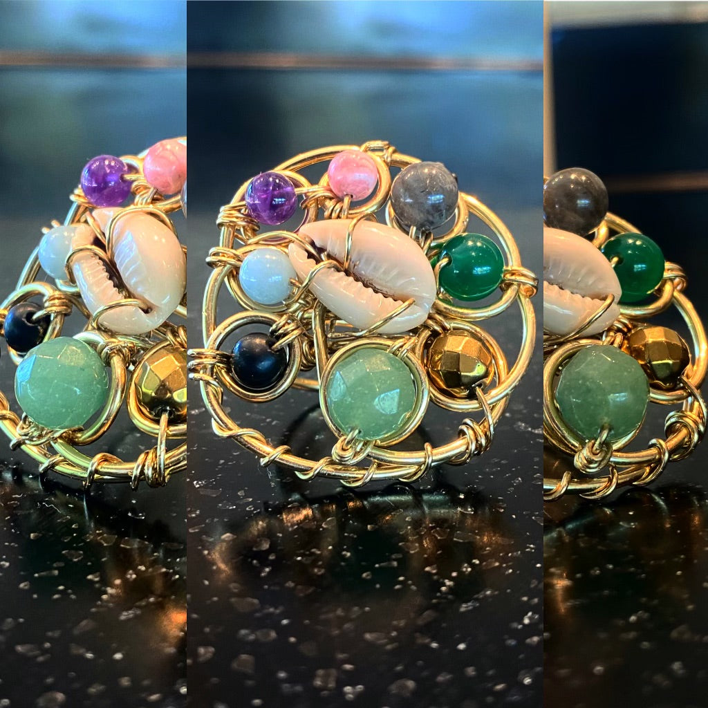 ✨COSMIC PARTY✨COWRIE SHELL+AVENTURINE+RHODOCHROSITE +AMETHYST+GOLDEN TITANIUM QUARTZ+GREEN ONYX+AVENTURINE PARTY RING