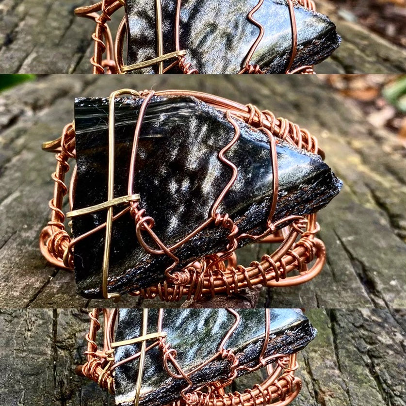 COPPER+BRONZE+SILVER OBSIDIAN BRACELET