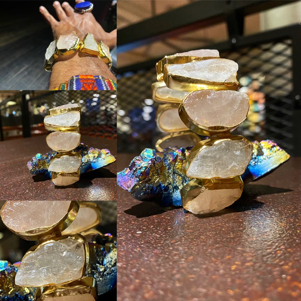 BRASS+ROSE QUARTZ+RAW QUARTZ CUFF BRACELET