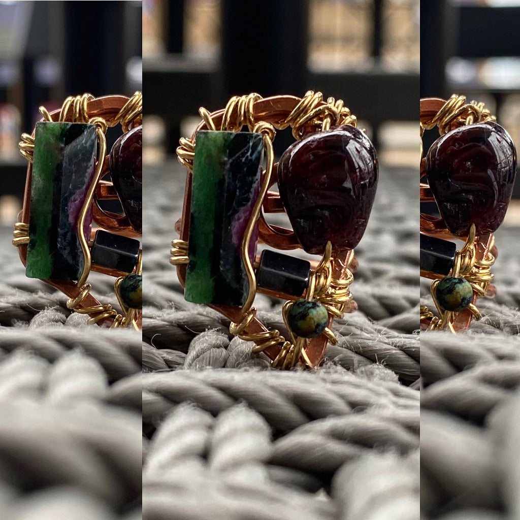 COPPER+BRONZE+RUBY ZOISITE+GARNET+HEMATITE +AFRICAN TURQUOISE PARTY RING