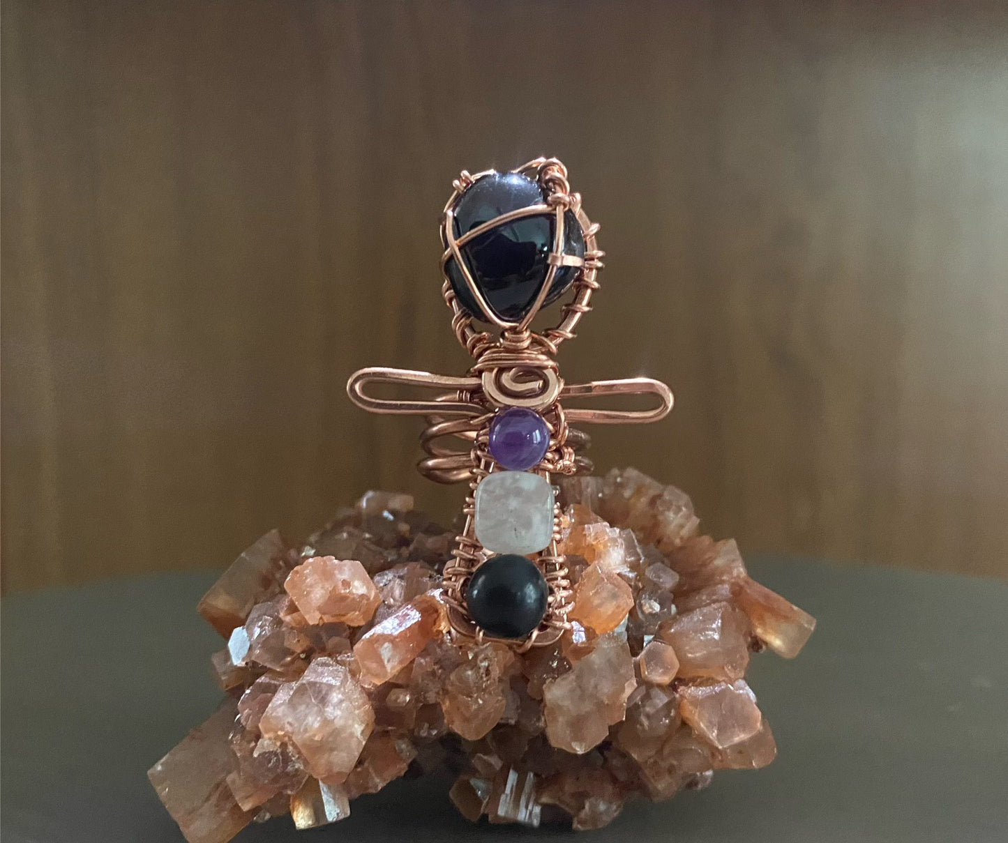 COPPER+AMETHYST+MOONSTONE+ SHUNGITE ANKH RING