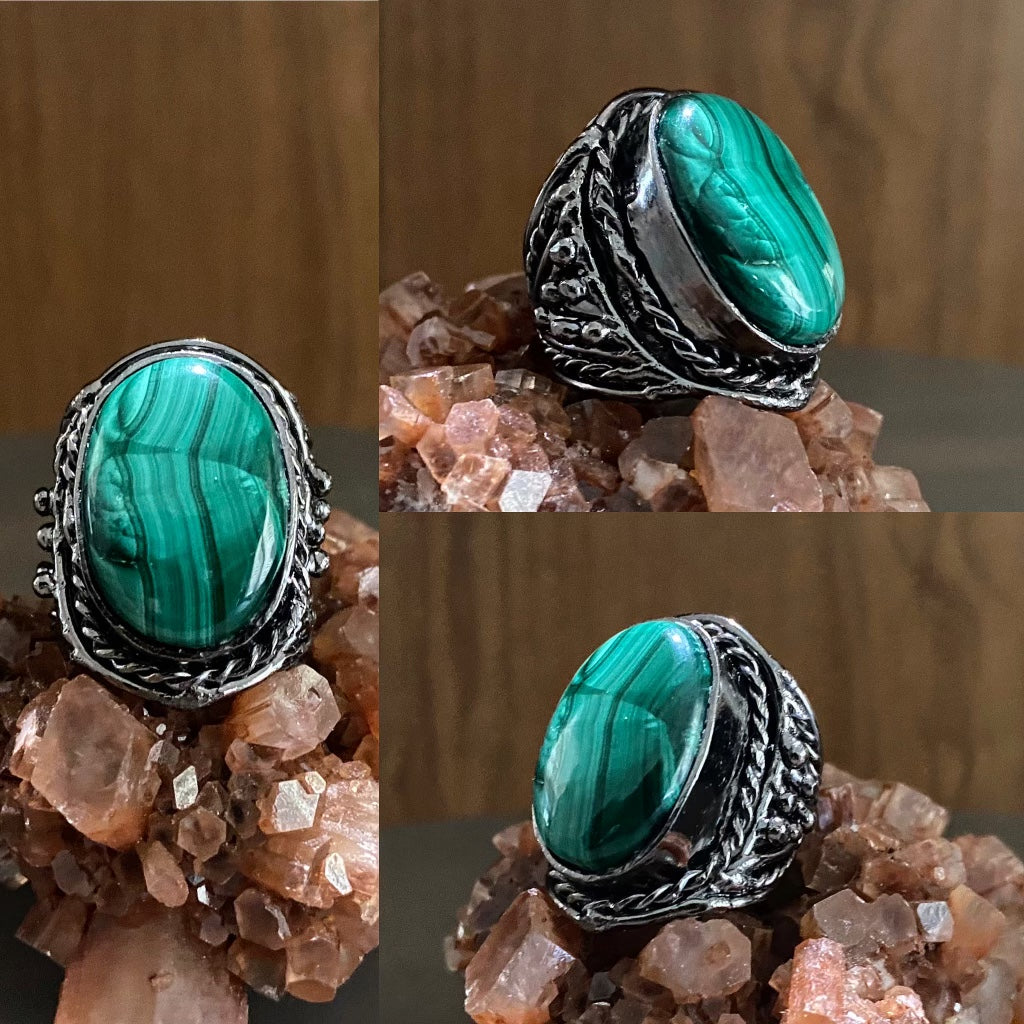 JEWELRY GRADE STEEL+MALACHITE RING