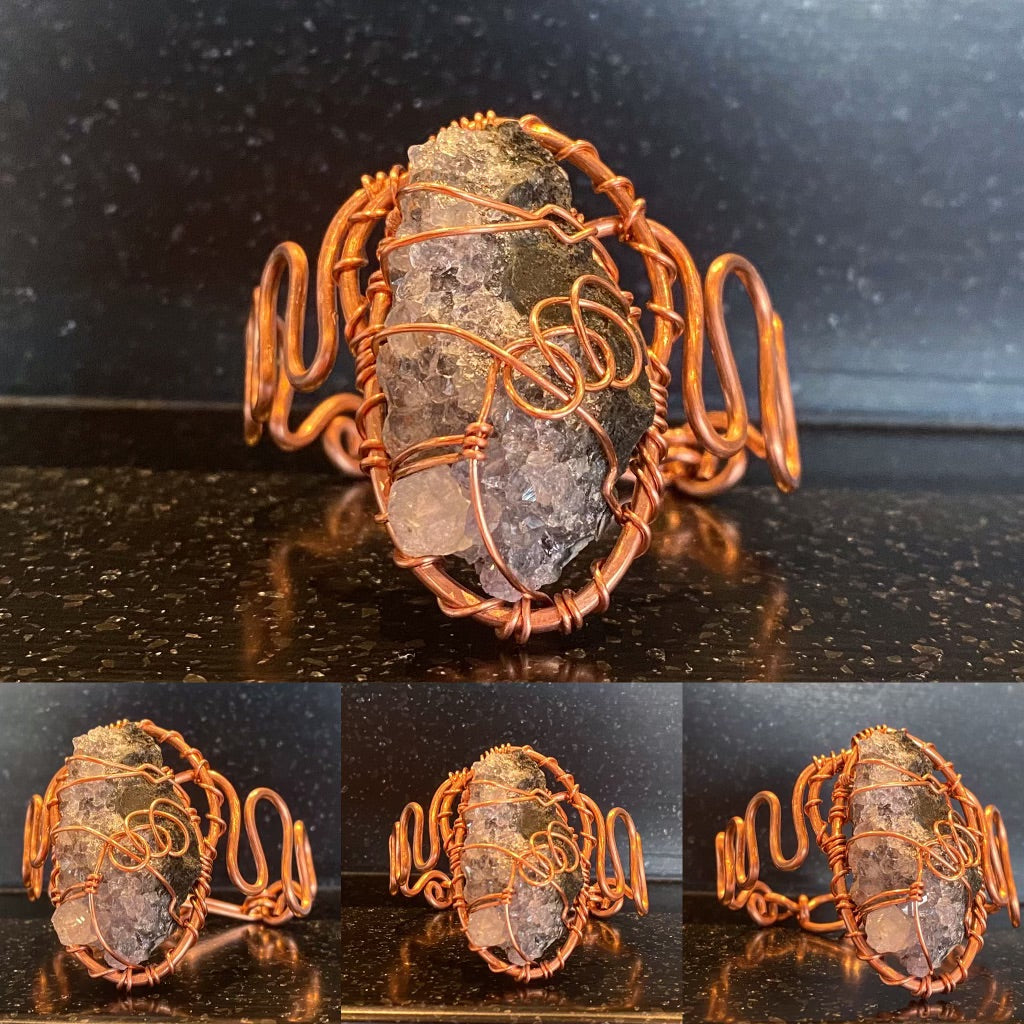 COPPER+RAW AMETHYST CLUSTER WAVE CUFF BRACELET