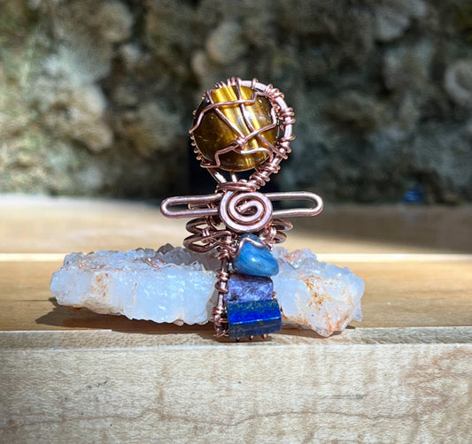 TIGERS EYE+KYANITE+CHAROITE+LAPIS LAZULI ANKH RING IN COPPER