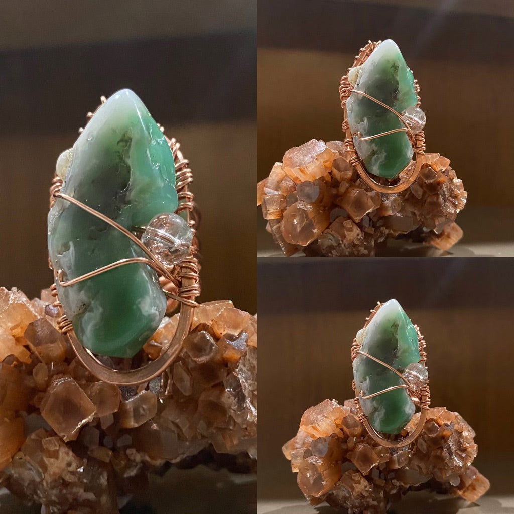 COPPER+CHRYSOPRASE+CLEAR QUARTZ RING