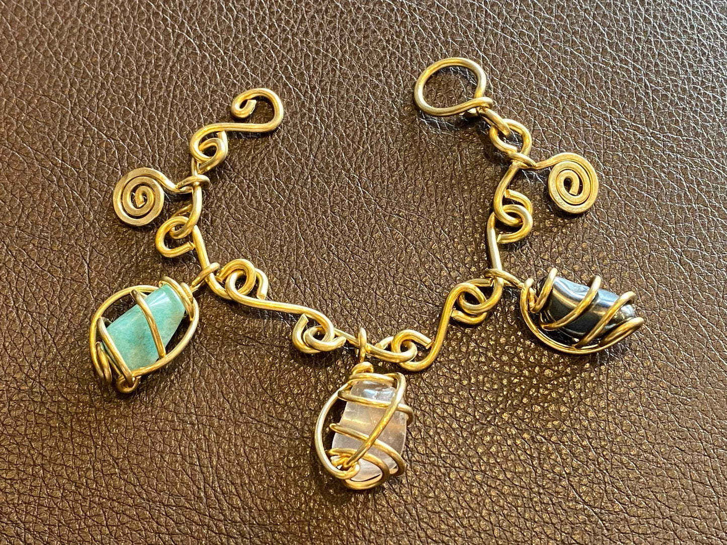 BRONZE+AMAZONITE+HEMATITE +ROSE QUARTZ CHARM BRACELET