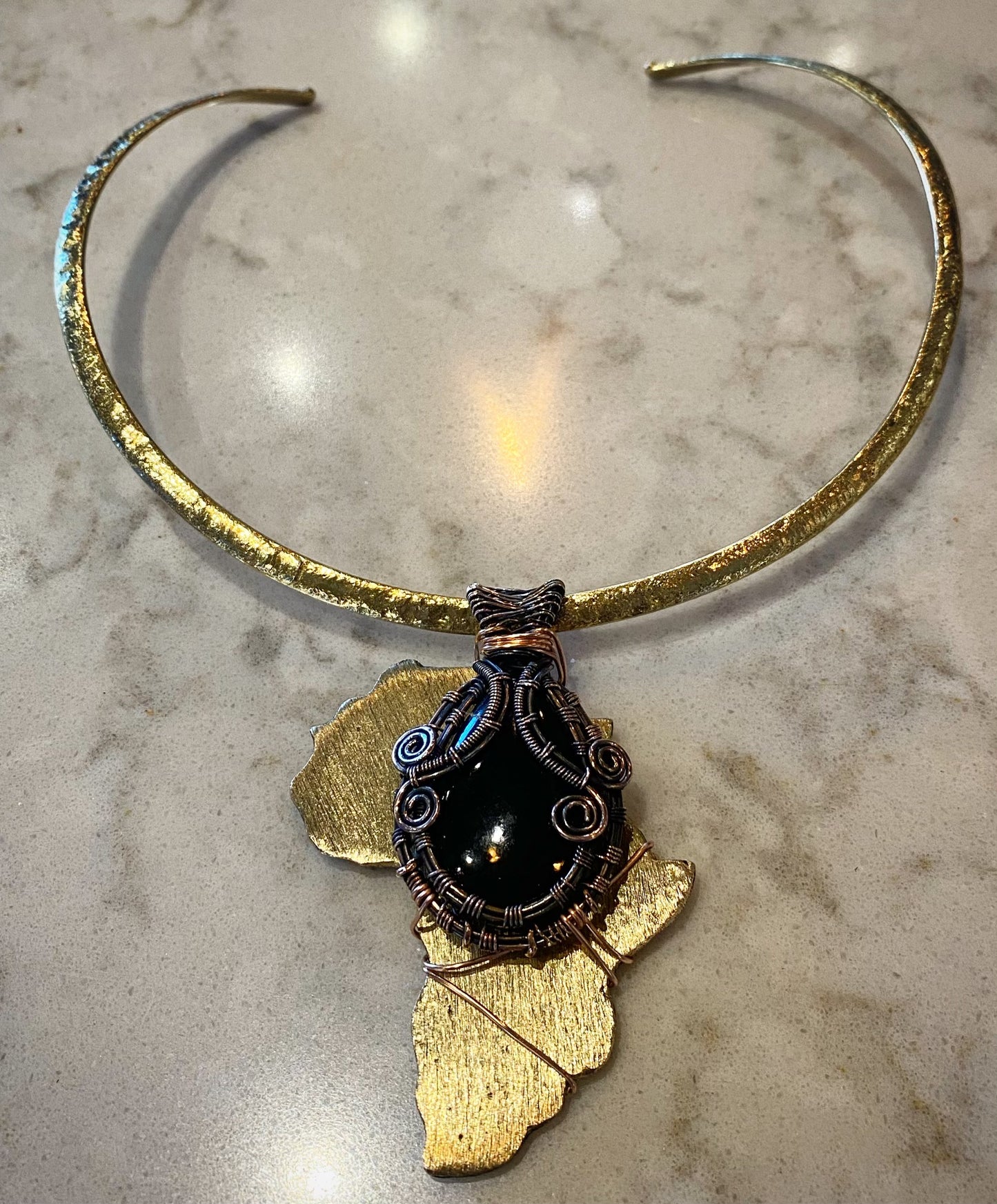 “MAGNIFICENT MOTHERLAND” BRASS+BRONZE+COPPER+ OBSIDIAN ALKEBULAN CHOKER NECKLACE