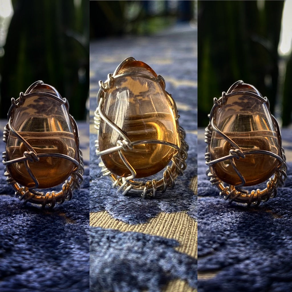 SILVER+AMBER OBSIDIAN RING
