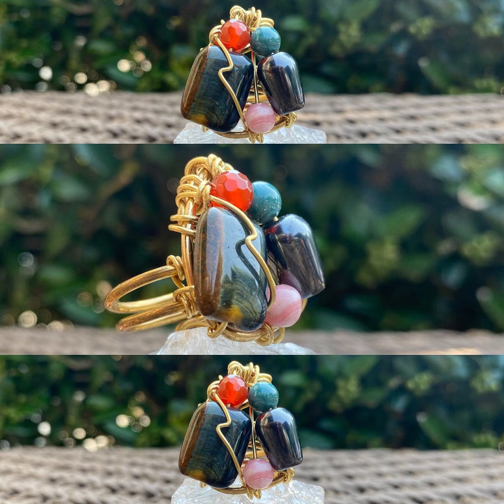 BRONZE+BLUE TIGERS EYE+BLOODSTONE+HEMATITE+RHODOCHROSITE+CARNELIAN PARTY RING