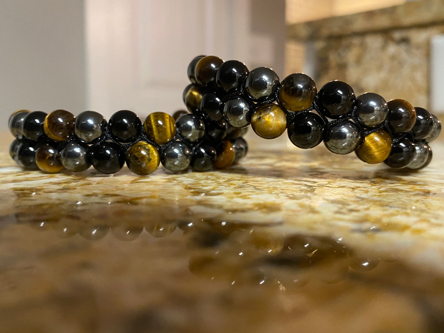 TIGERS EYE+HEMATITE+ONYX DOUBLE BEAD BRACELET