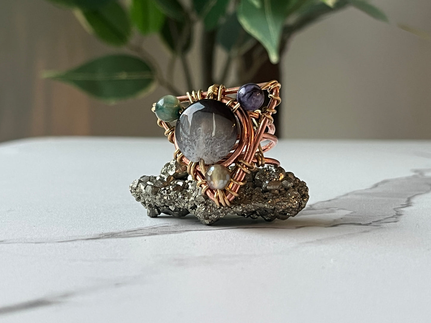 AGATE+CHAROITE+CATS EYE RING IN COPPER & BRONZE