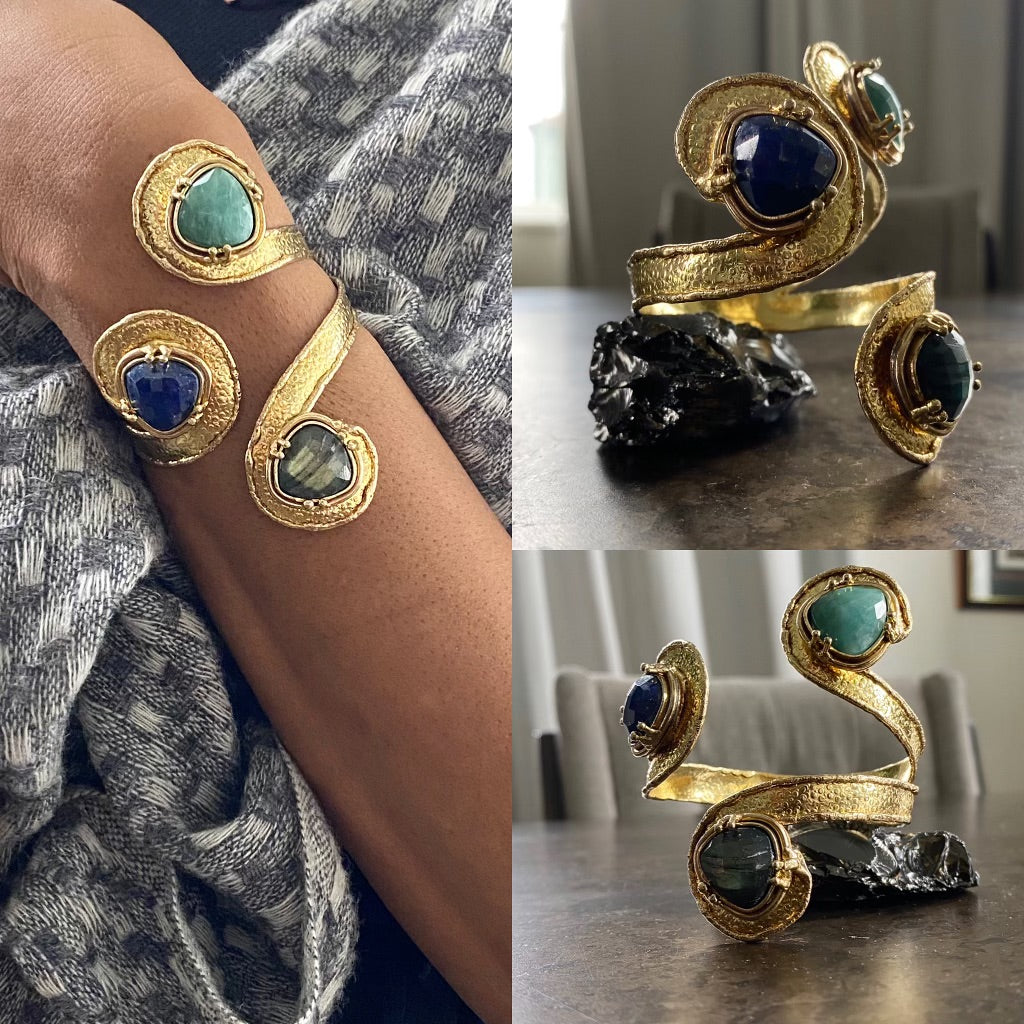 BRASS+LABRADORITE+ LAPIS LAZULI+AVENTURINE WRAP BRACELET