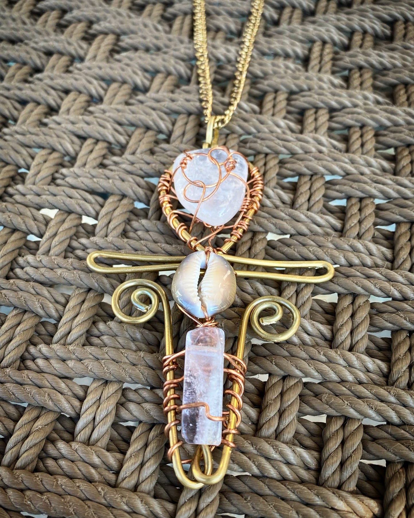 BRONZE+COPPER+ROSE QUARTZ +COWRIE SHELL+ANGEL AMETHYST ANKH NECKLACE