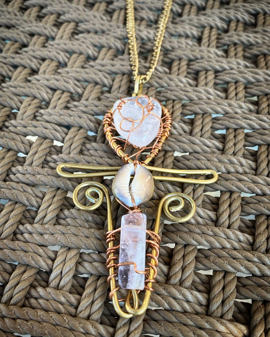 BRONZE+COPPER+ROSE QUARTZ  +COWRIE SHELL+ANGEL AMETHYST ANKH NECKLACE