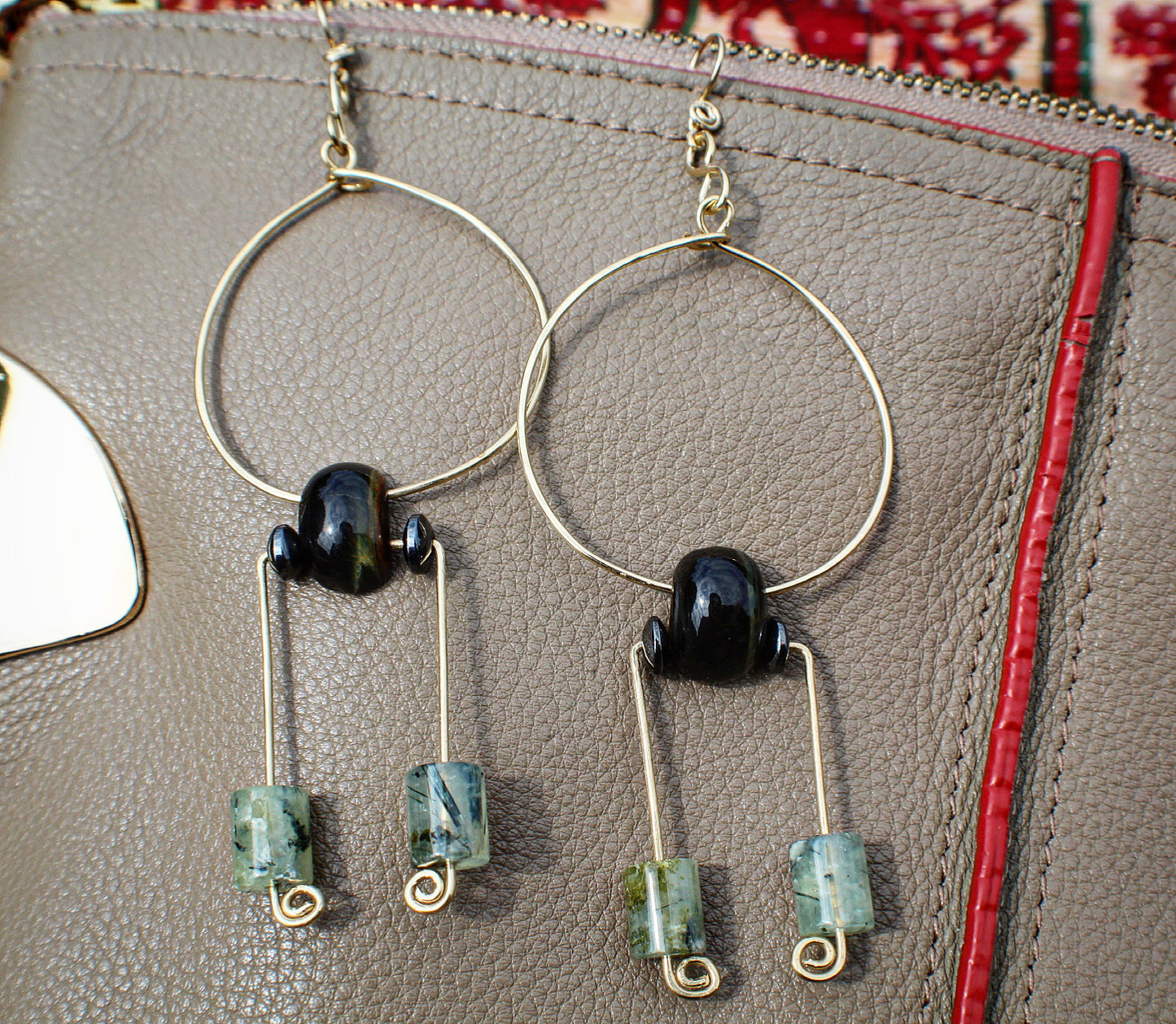BRONZE+PREHNITE+BLUE TIGERS EYE+HEMATITE EARRINGS