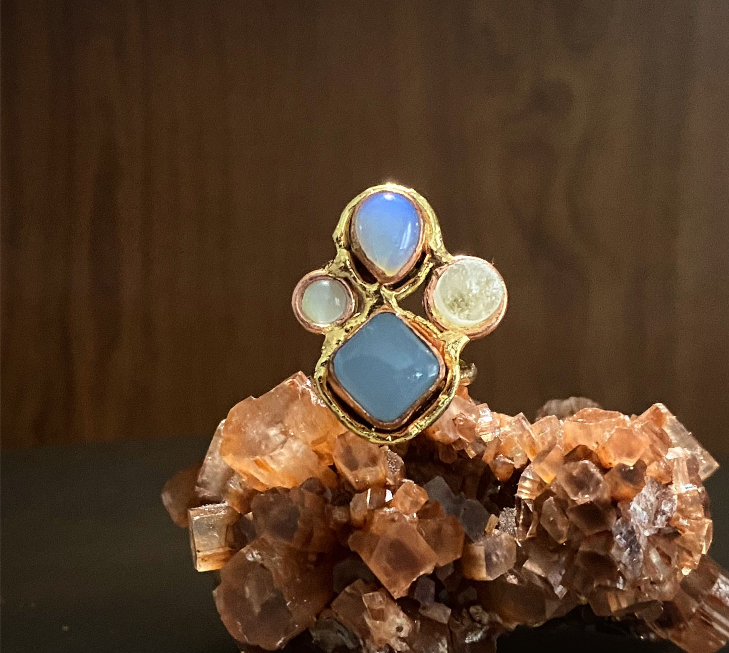 BRASS+COPPER+OPALITE+ CHALCEDONY+ QUARTZ RING
