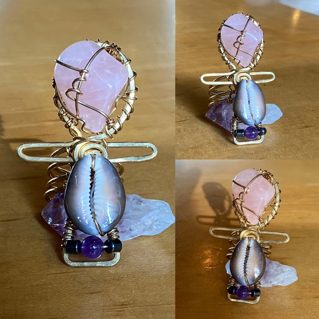 BRONZE+ROSE QUARTZ+COWRIE+HEMATITE ANKH RING