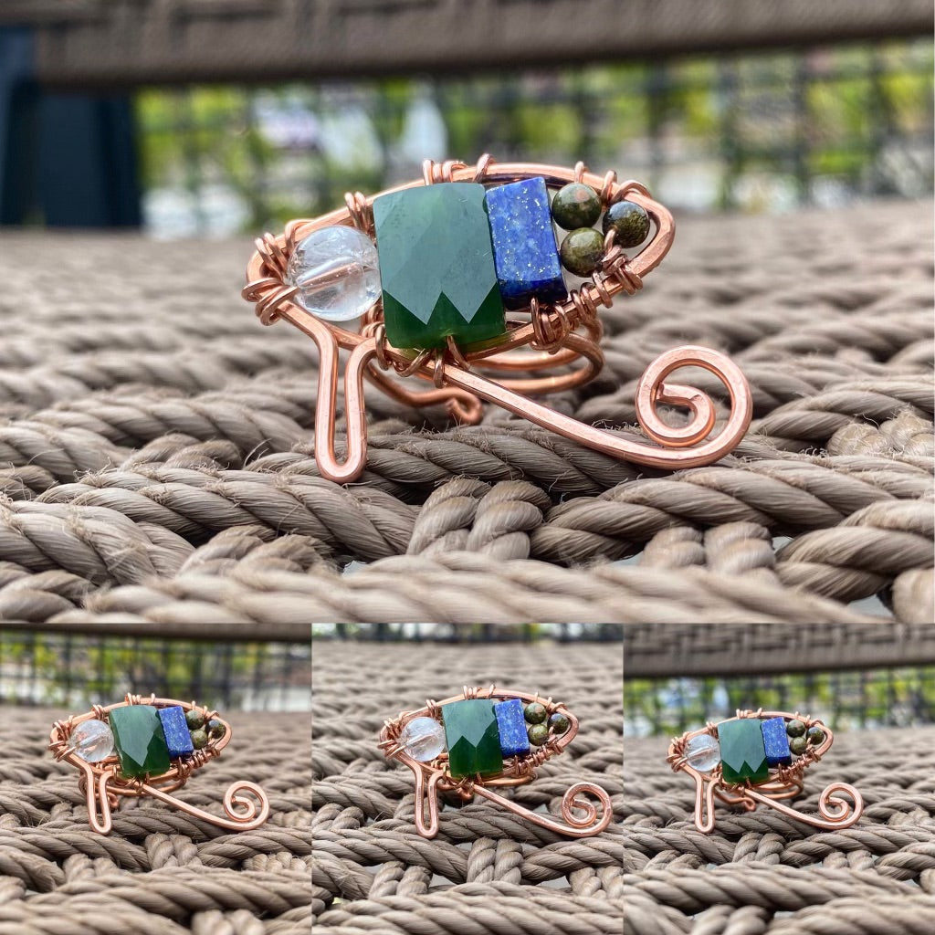 “EYE OF PROSPERITY” COPPER+CLEAR QUARTZ+JADE+LAPIS LAZULI+UNAKITE+ OBSIDIAN EYE OF HERU PARTY RING