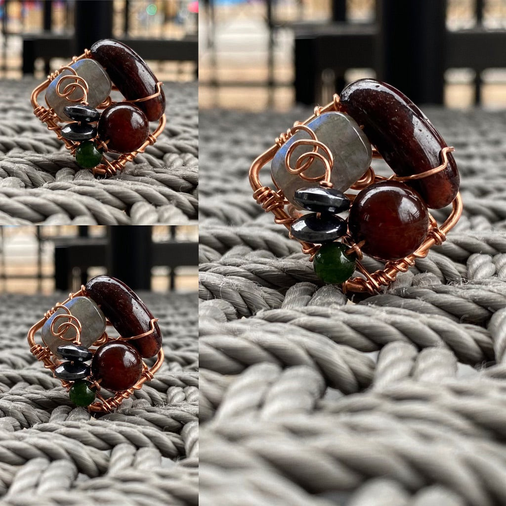 COPPER+RED TIGERS EYE+CARNELIAN+HEMATITE +LABRADORITE+JADE PARTY RING