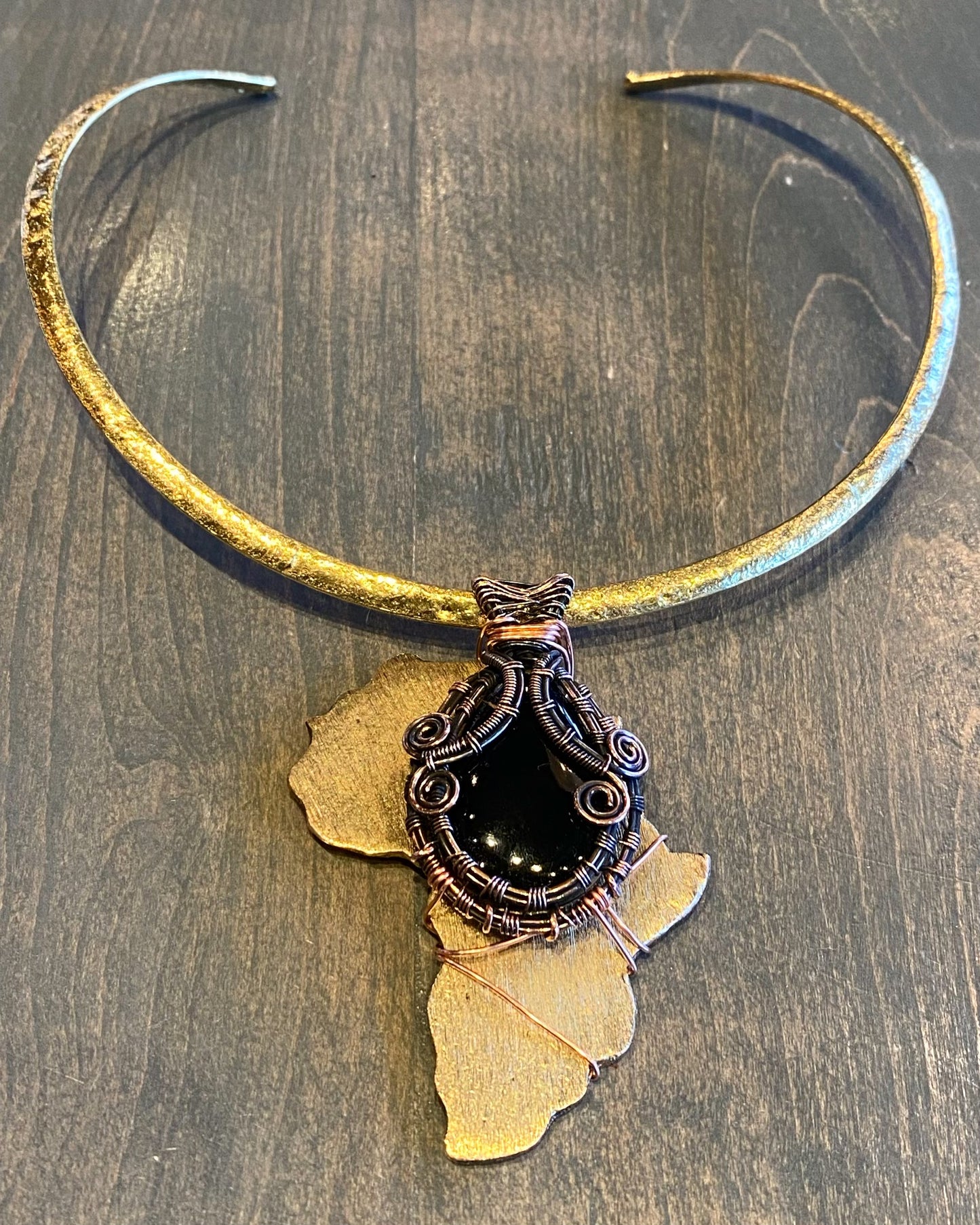 “MAGNIFICENT MOTHERLAND” BRASS+BRONZE+COPPER+ OBSIDIAN ALKEBULAN CHOKER NECKLACE