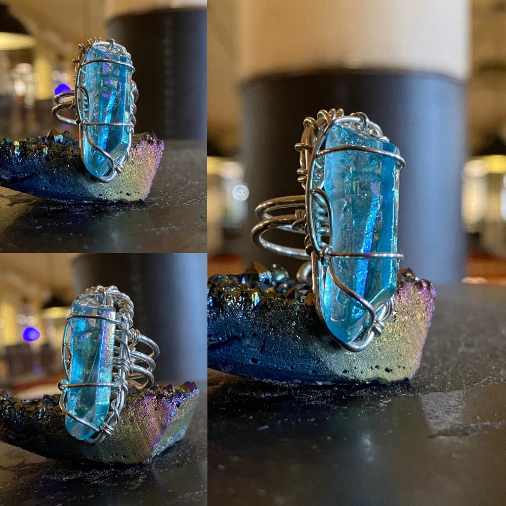 SILVER+AQUA AURA QUARTZ RING